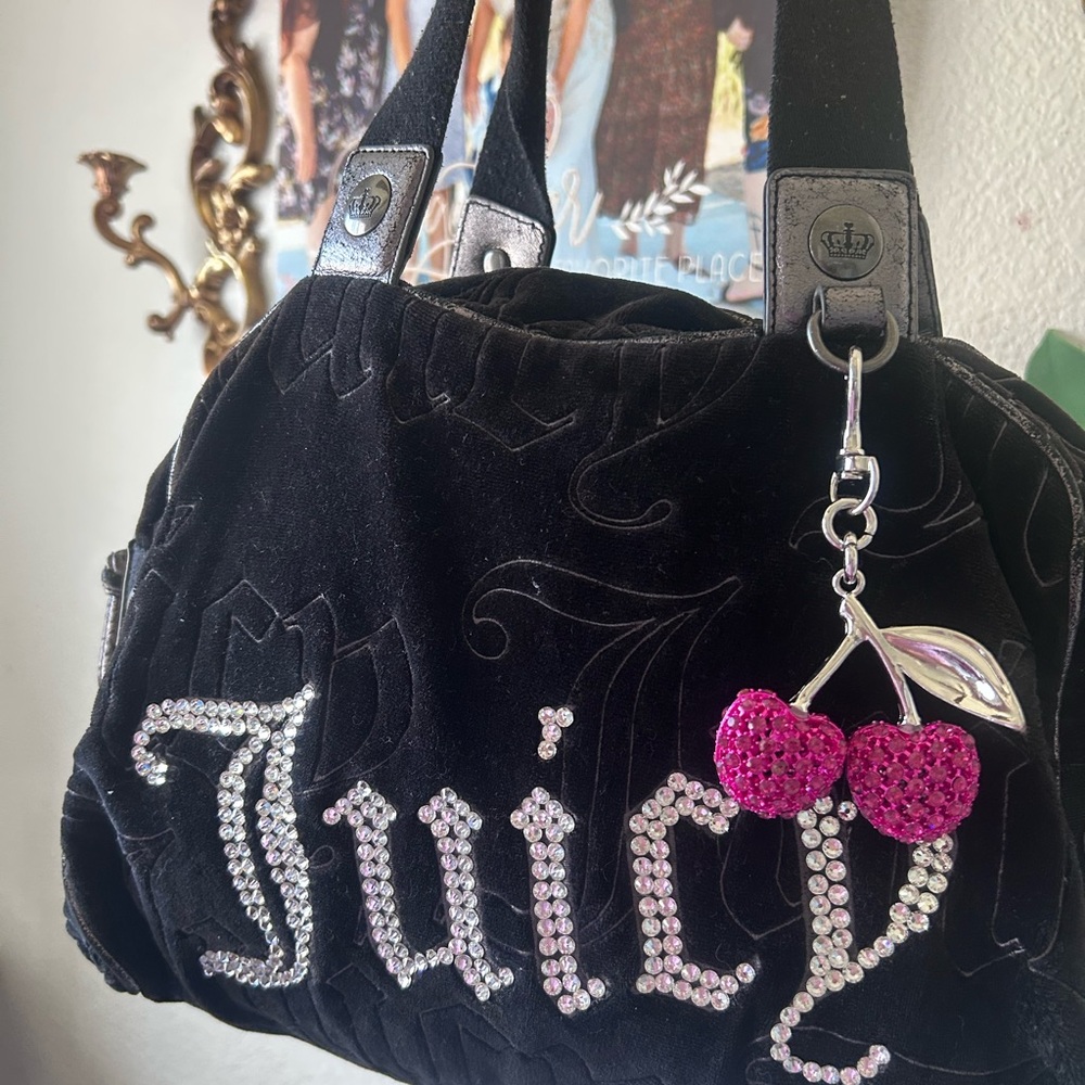 Juicy Couture Black Velvet Bag with Pink Cherry Charm